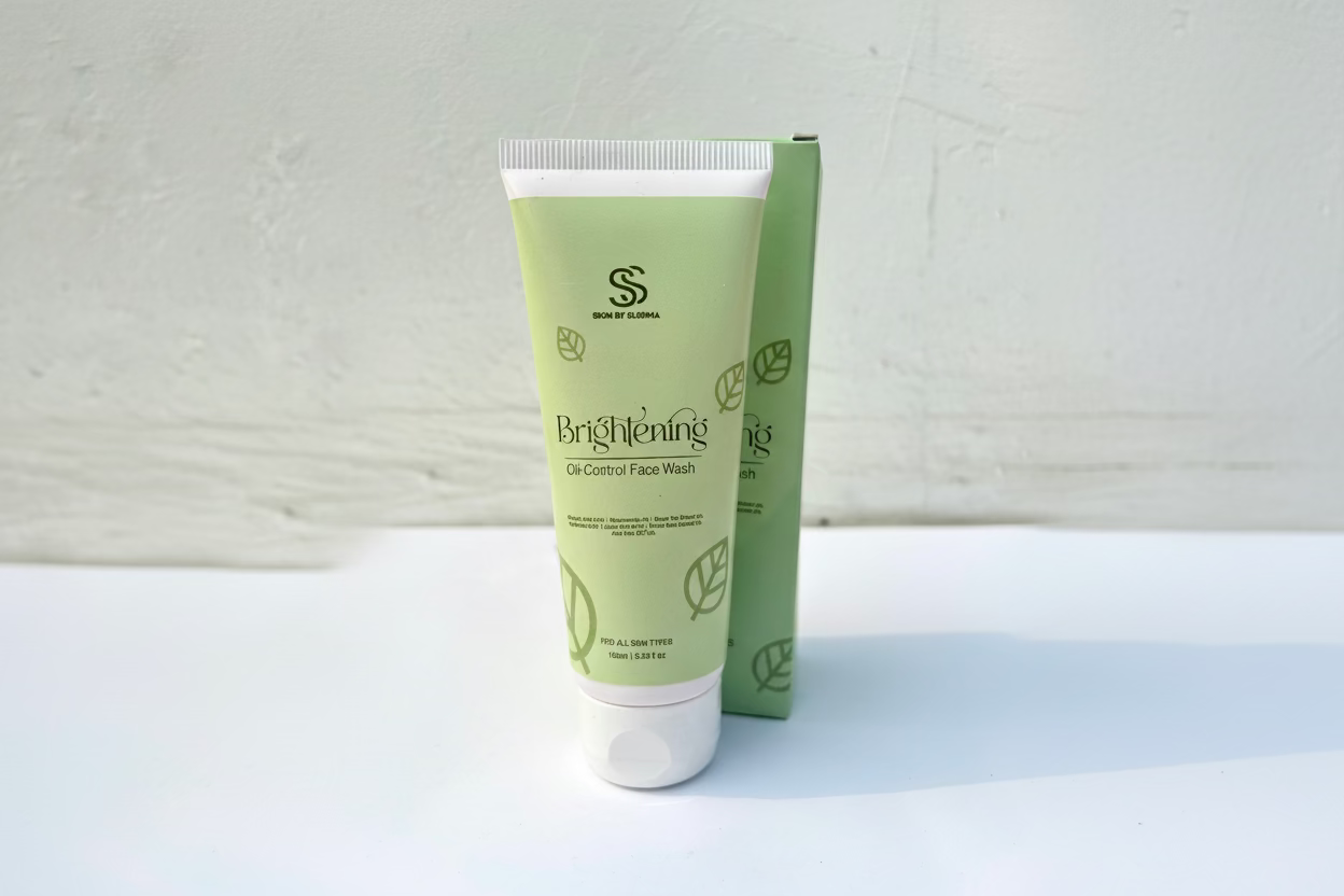Tube of Brightening Oil-Control Face Wash with packaging on a white background
