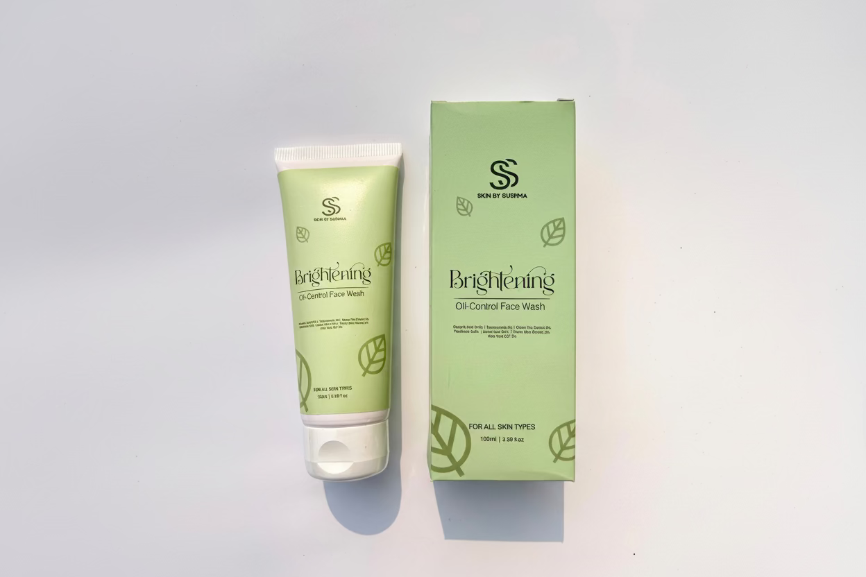 Tube and box of Brightening Oil-Control Face Wash on a light gray background