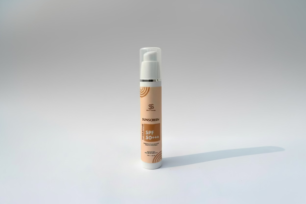 Sunscreen bottle with SPF 50+ on a light background